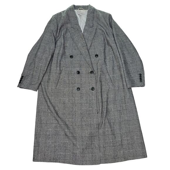 Nili Lotan Coat Womens 2X Gray Black Plaid Double Breasted Wool Blend Long Lined - Picture 1 of 11